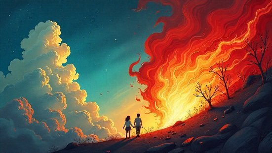 Céu e inferno: Ilustração representando céu e inferno segundo o espiritismo, com luz e sombra simbolizando os estados da alma.