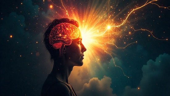 Ciência espiritual: Ilustração suave mostrando a união entre ciência e espiritualidade, com cérebro humano e luz espiritual ao fundo.