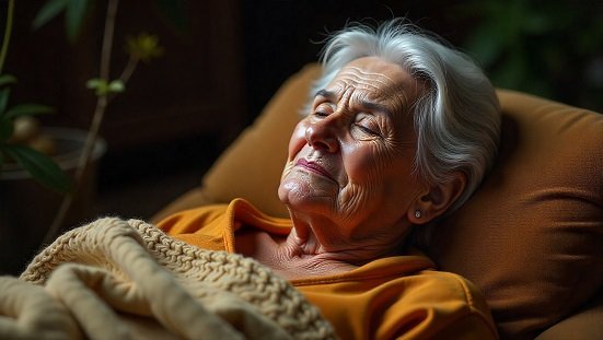 Consolo espiritual : Uma mulher Idosa 70 anos de idade, deitada sobre uma maca, morta com expressão serena