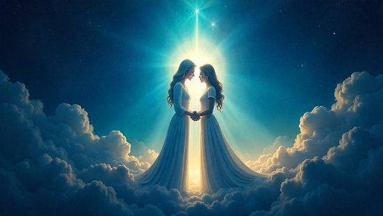 Encontros predestinados: ilustração suave mostrando duas almas se reencontrando em um plano espiritual iluminado, com tons azulados e dourados, atmosfera de serenidade e amor.