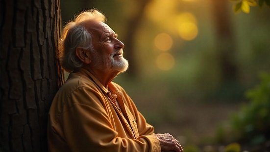 Espiritualidade e longevidade : Idoso sereno em ambiente natural, luz suave, expressão de paz, simbolizando espiritualidade e longevidade, estilo realista
