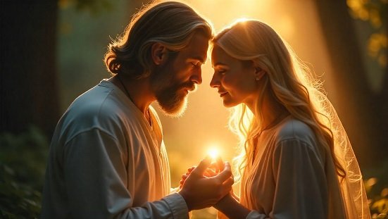 Guias espirituais : Ilustração etérea e suave de um mentor espiritual envolvendo uma pessoa em luz acolhedora, simbolizando proteção e guia espiritual. Estilo realista, cores claras.