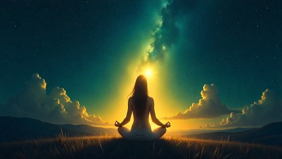 Perdão : ilustração serena mostrando uma pessoa em meditação diante de um campo luminoso, com aura dourada e sensação de leveza espiritual.