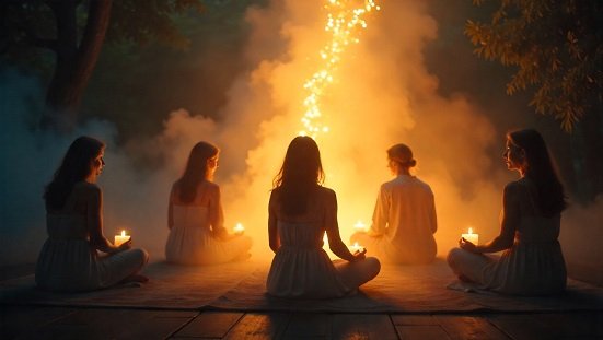 Recepção espiritual : Espíritos luminosos acolhendo um recém-desencarnado em ambiente etéreo, atmosfera suave, luz difusa, clima de acolhimento e paz, estilo realista espiritualista.