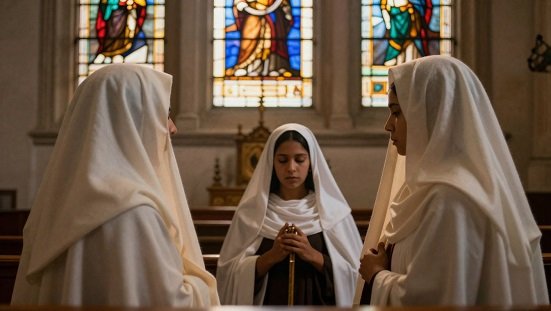 Fanatismo religioso : Pessoas beatas de véu ajoelhadas numa igreja antiga, luz suave entrando pelos vitrais, cores quentes