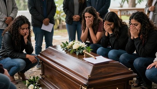 Cremação espírita : Algumas pessoas em volta do caixão com expressões de tristeza