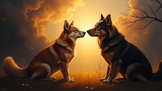 Desencarne de animais: Dois cães frente a frente se comunicando