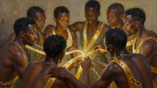 Escravidão segundo o espiritismo : Ilustração realista e sensível mostrando pessoas negras libertando correntes que se transformam em luz espiritual, simbolizando cura, dignidade e evolução do espírito