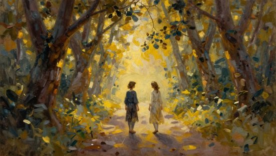 Encontros predestinados : Duas pessoas caminhando juntas na floresta