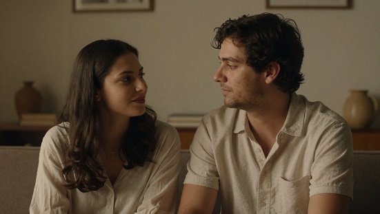 Desentendimentos entre casais : Casal em diálogo sereno, luz suave envolvendo o ambiente, sensação de reconciliação e aprendizado espiritual