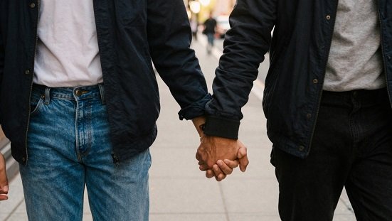 Homossexualidade : Imagem realista de duas pessoas do mesmo sexo, de mãos dadas.