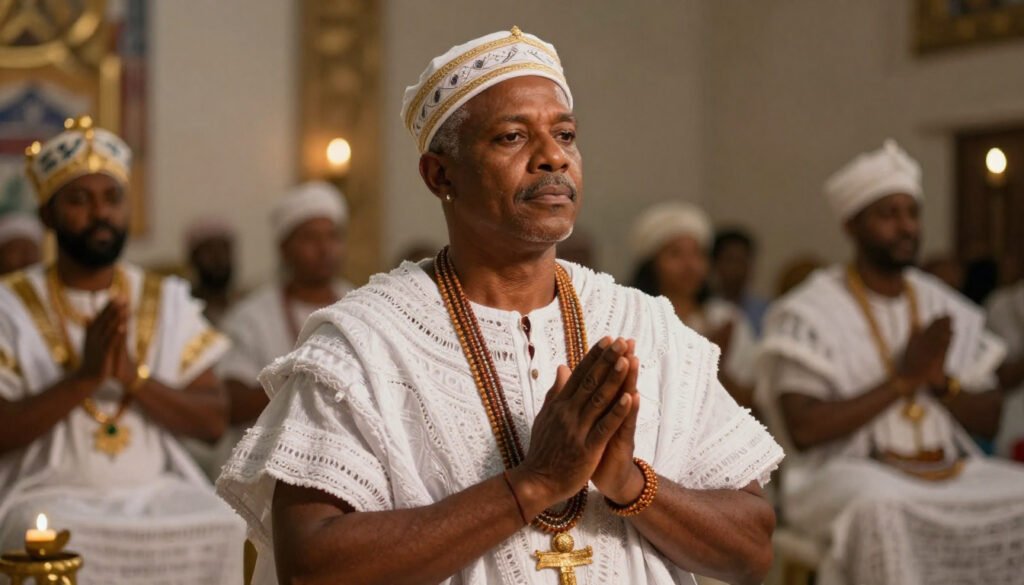 Babalorixá Ialorixá : líder espiritual afro-brasileiro em ambiente sagrado, atmosfera serena, luz espiritual suave, estilo realista e respeitoso, representação simbólica de Babalorixá Ialorixá