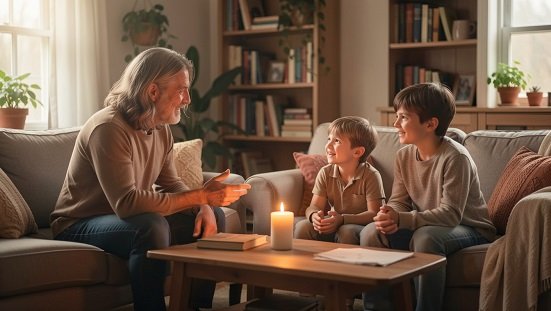 Filho desobediente : Pais conversando com filho em ambiente acolhedor, luz suave simbolizando orientação espiritual