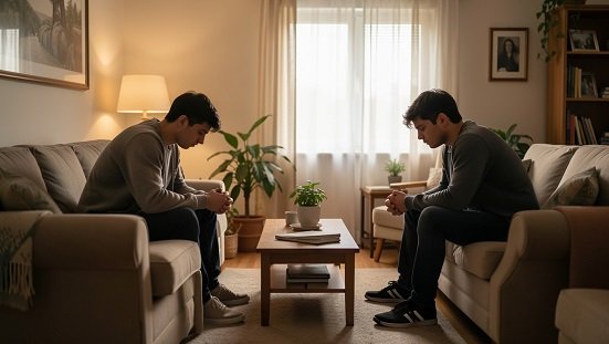 Irmãos brigando constantemente : Dois irmãos em silêncio após discussão, ambiente familiar com luz suave, simbolizando conflito e reflexão espiritual.