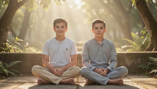 Irmãos gêmeos : Dois irmãos gêmeos sentados lado a lado em ambiente sereno, com luz suave e atmosfera espiritual.
