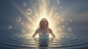 Morte por afogamento : Cena simbólica de pessoa emergindo da água com luz espiritual ao redor, atmosfera serena e transcendental.
