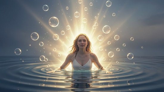 Morte por afogamento : Cena simbólica de pessoa emergindo da água com luz espiritual ao redor, atmosfera serena e transcendental.
