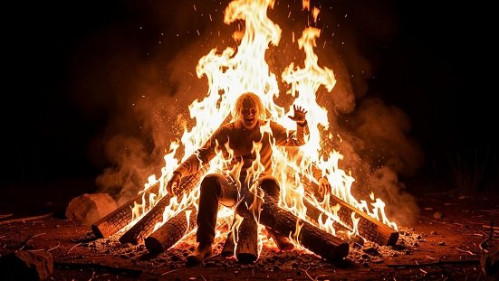 Morte queimado : Uma pessoa sendo consumida pelo fogo em uma fogueira.