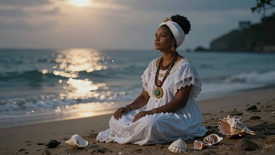 Orixá Iemanjá : Representação simbólica do Orixá Iemanjá associada ao mar, atmosfera serena, luz suave, espiritualidade, estilo artístico espiritualista realista.