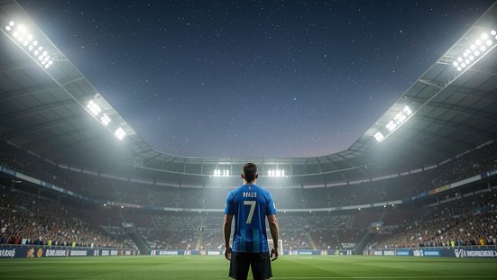 Torcedor fanático : Torcedor solitário em estádio vazio olhando para o céu com atmosfera espiritual suave, simbolizando reflexão sobre vida após a morte.