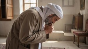 Islamismo : Ilustração realista de um mulçumano orando curvado para baixo