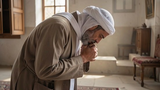 Islamismo : Ilustração realista de um mulçumano orando curvado para baixo