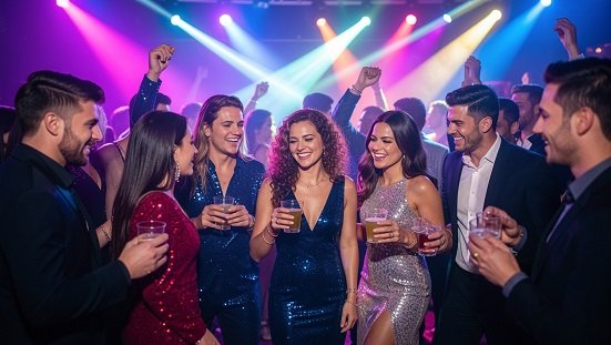 Baladas noturnas : Ambiente de balada noturna com luzes intensas com homens e mulheres dançando