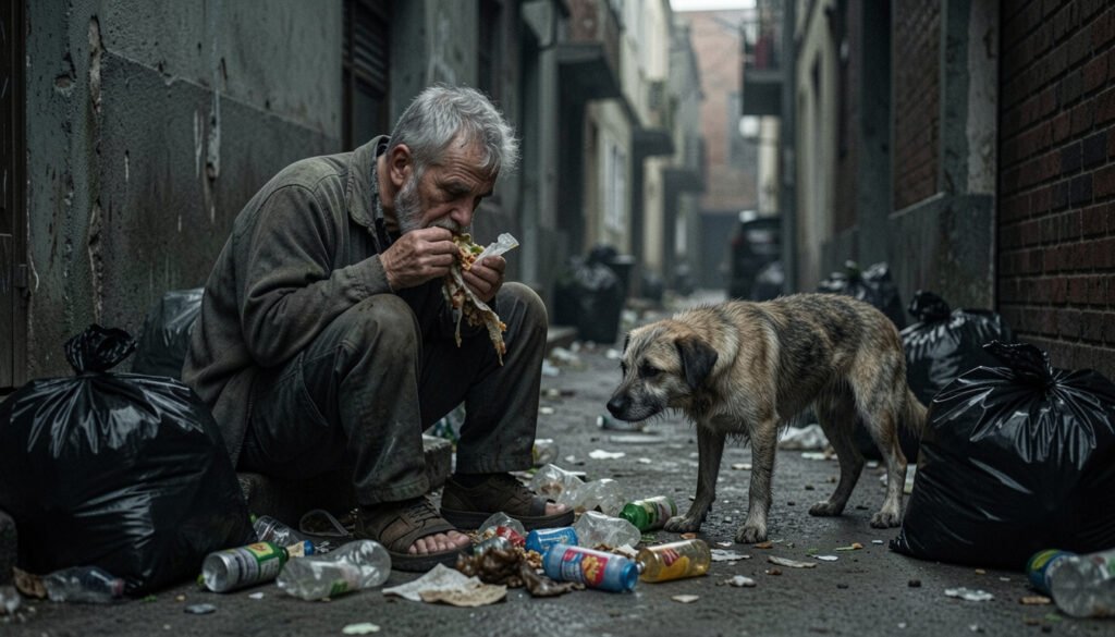 Deficiência mental : um homem com deficiencia mental comendo lixo ao lado de seu cachorro todo sujo