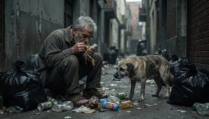 Deficiência mental : um homem com deficiencia mental comendo lixo ao lado de seu cachorro todo sujo