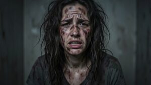 Doente mental : Uma mulher toda suja com cabelos desarrumados , com expressão de doente mental e sofrimento interno