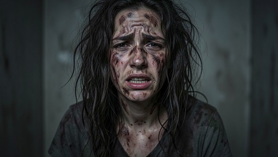 Doente mental : Uma mulher toda suja com cabelos desarrumados , com expressão de doente mental e sofrimento interno