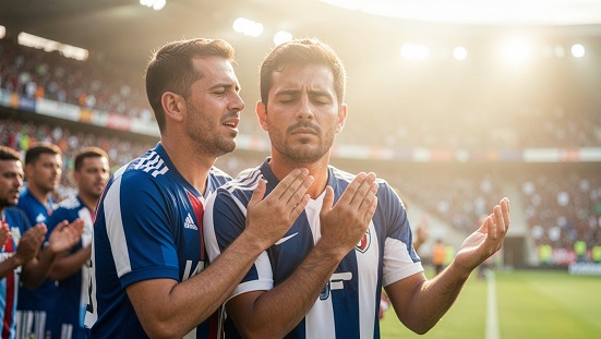 Fanatismo esportivo : Torcedor de futebol em estádio, dividido entre emoção intensa e reflexão espiritual, luz suave simbolizando equilíbrio interior