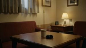 Motéis : Ambiente de motel com iluminação suave e atmosfera introspectiva,
