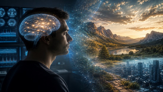 Representação da consciência humana entre cérebro, percepção e realidade, simbolizando as investigações científicas e as questões espirituais sobre a natureza da mente.