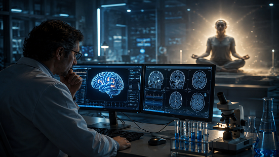 Representação do estudo dos fenômenos mediúnicos pela ciência, aproximando neurociência, consciência e espiritualidade em uma investigação respeitosa.