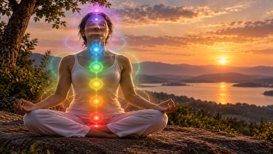 Representação dos chakras como centros associados à harmonização energética, ao equilíbrio interior e ao autoconhecimento.