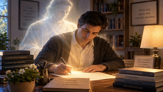 Representação das psicografias como mensagens escritas por intermédio da mediunidade, simbolizando a possível comunicação entre o plano físico e o espiritual.