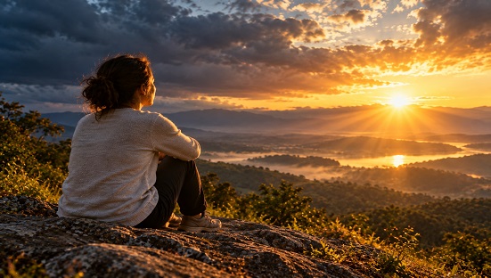 Representação do sofrimento humano como uma travessia na qual a dor pode coexistir com esperança, aprendizado e renovação espiritual.