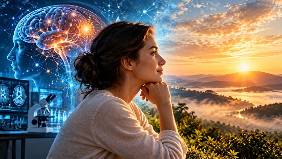 Representação da saúde mental no encontro entre conhecimento científico, consciência, equilíbrio emocional e experiência espiritual.